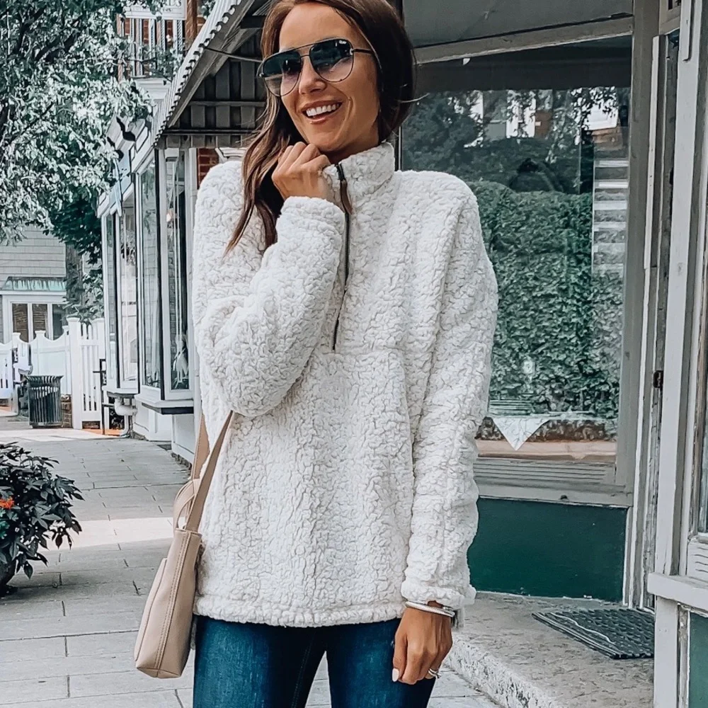 Women Sherpa faux fur plush pullover sweater